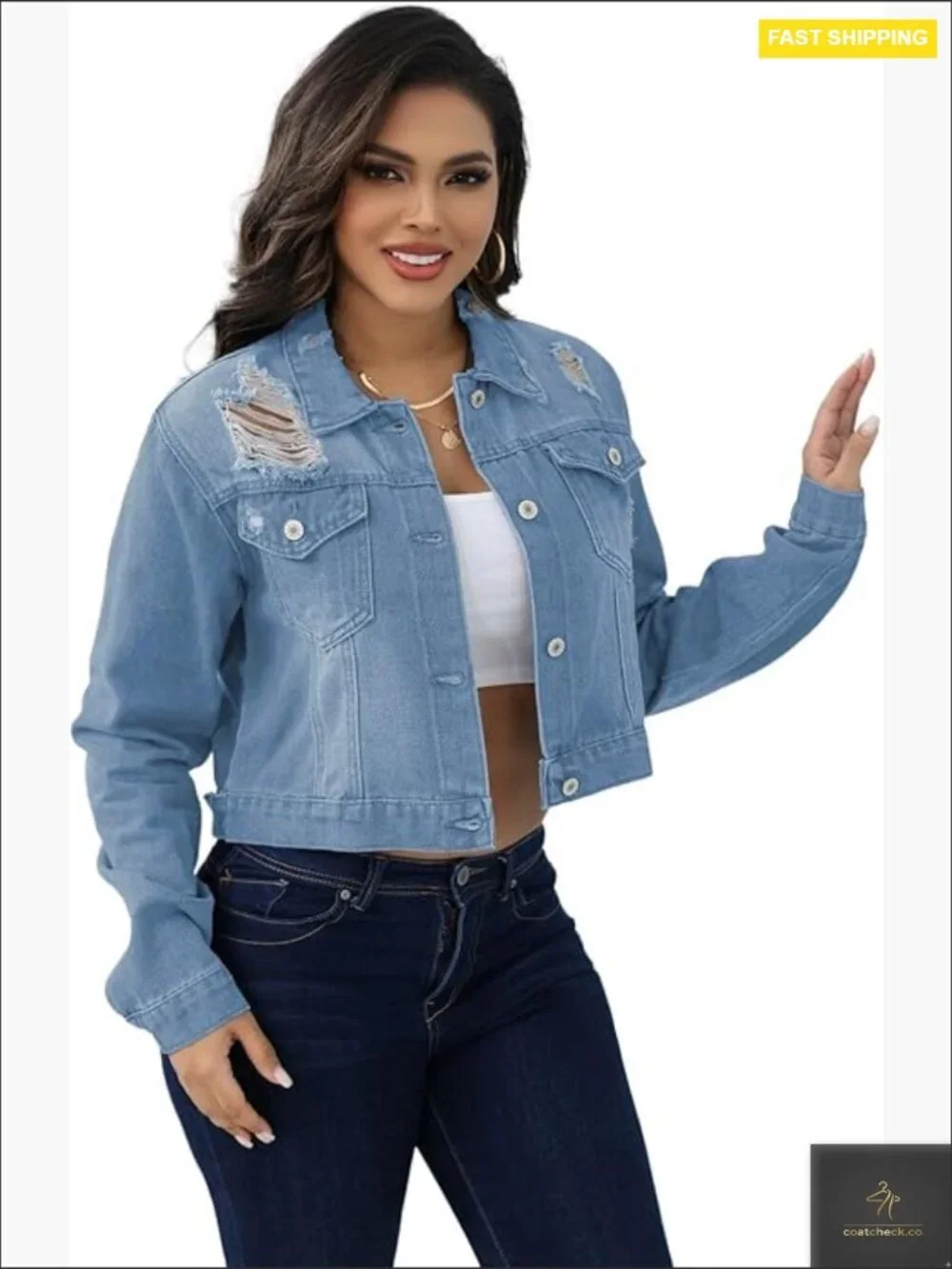 Distressed Denim Jacket Oversized Frayed Hem Long Sleeve Button Down Western